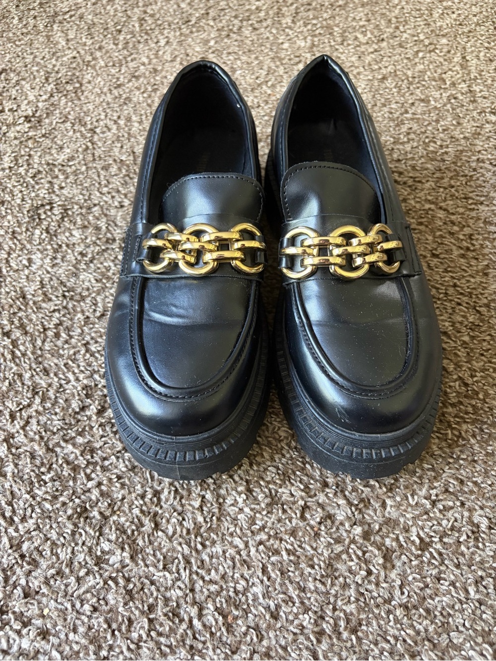 Forever 21 Black Loafers with Gold Chain Accent